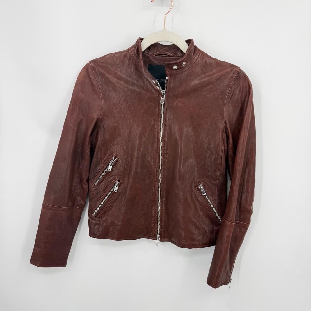CLUB MONACO brown leather motorcycle moto jacket full zip‎ sz S